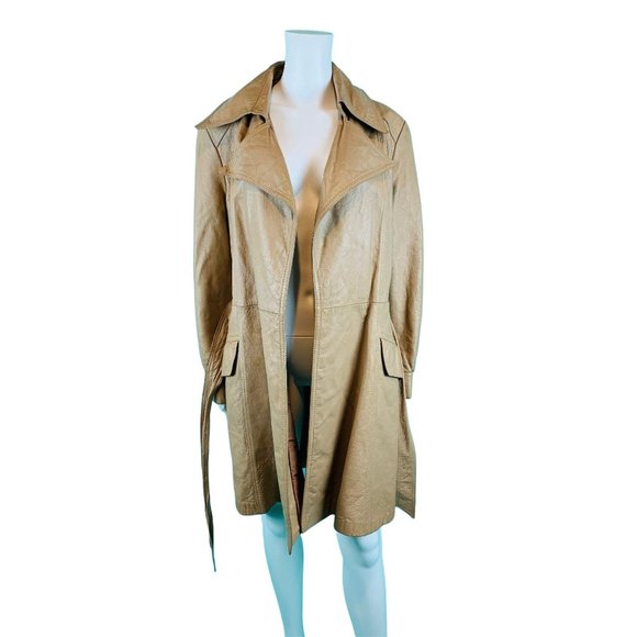 Vintage 1970s Leather Coat Women's Khaki USA Wilsons Open Trench | B 43" - Picture 6 of 10